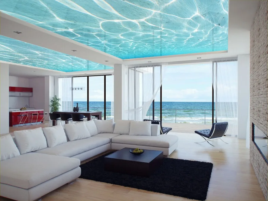 reflective Printed stretch ceilings of water in luxury living room