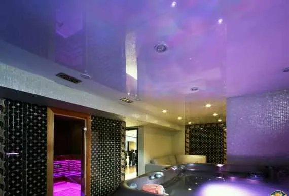 Glossy Purple Stretch Ceiling in Basement Jacuzzi Room