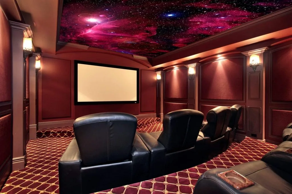 home movie theater with custom stretch ceiling starry sky