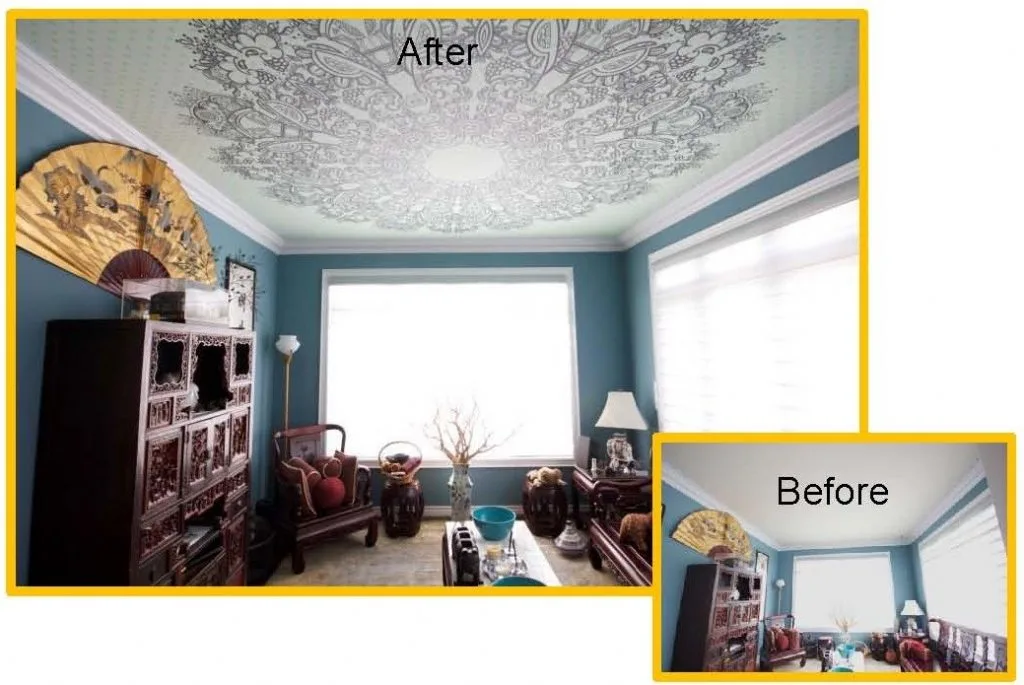 before and after photo of living room with new Perforated Ceiling