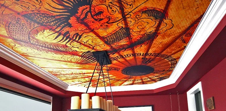 custom printed ceiling in luxury living room by laqfoil