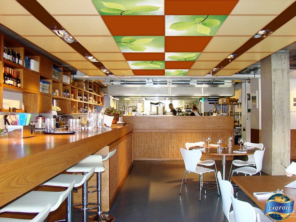 Arktek Financial International dining area with printed multi color stretch ceiling