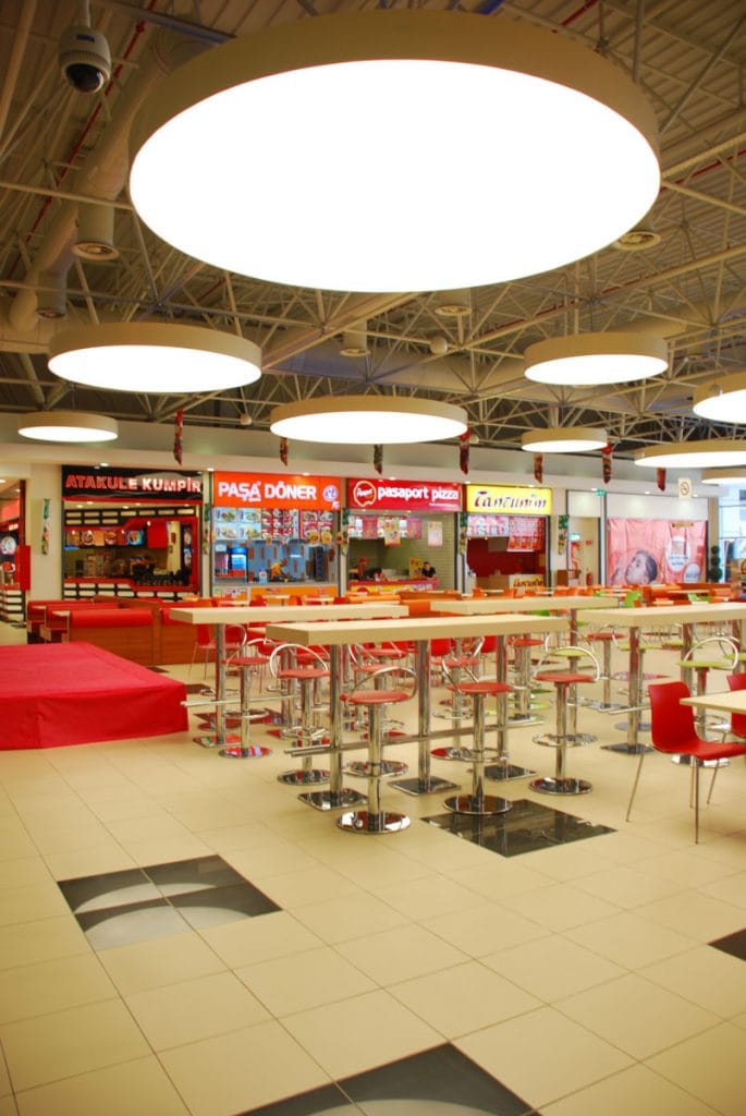 food court with back lit modular structures Atlanta