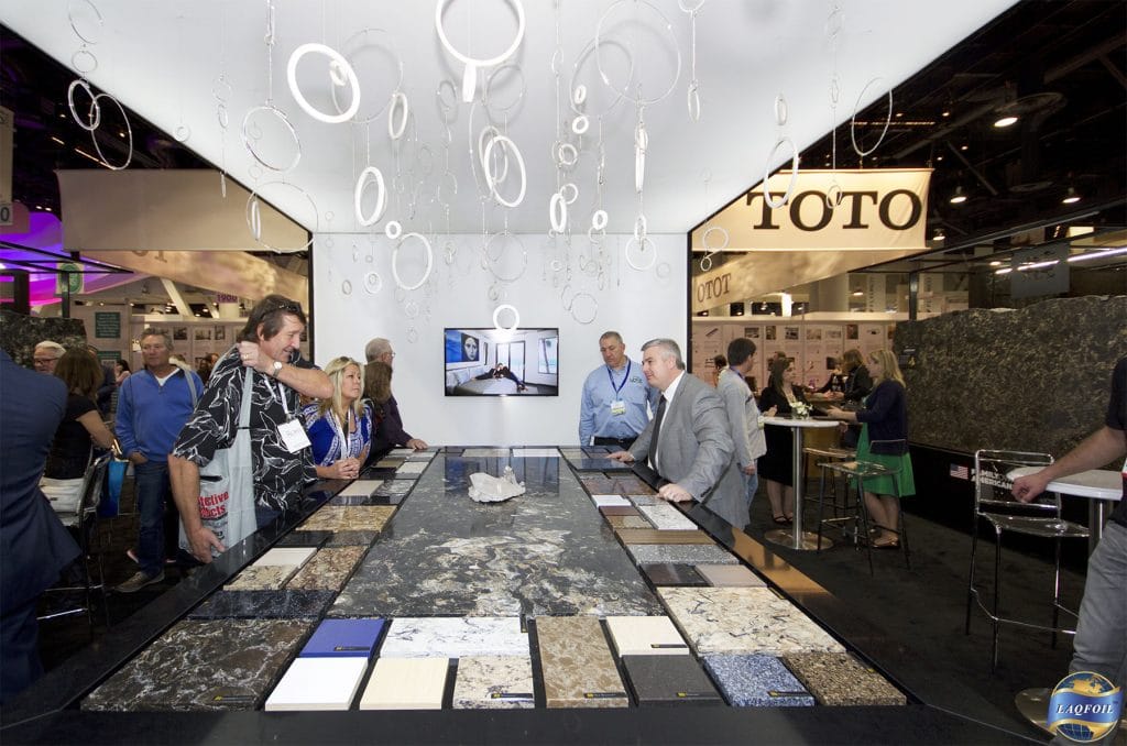 Cambria exhibition with white reflective stretch ceiling by laqfiol