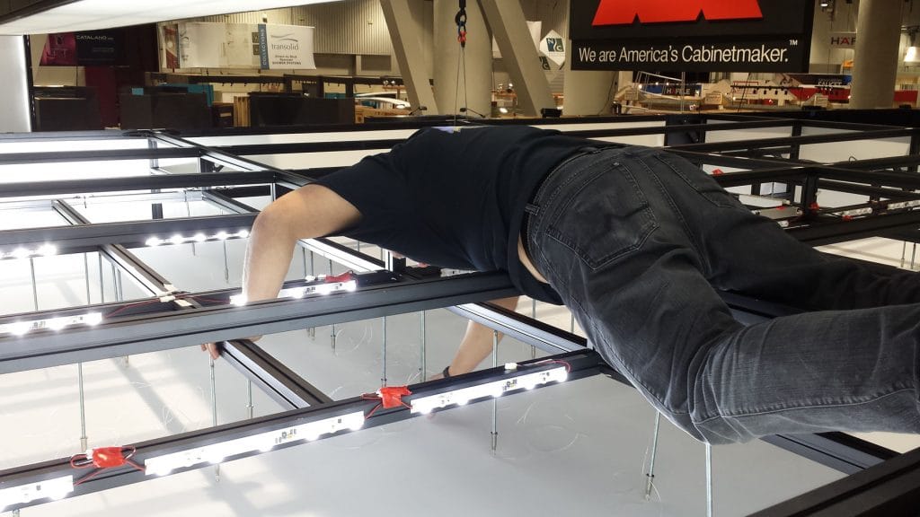 laqfoil team installing luxury stretch ceiling for Cambria