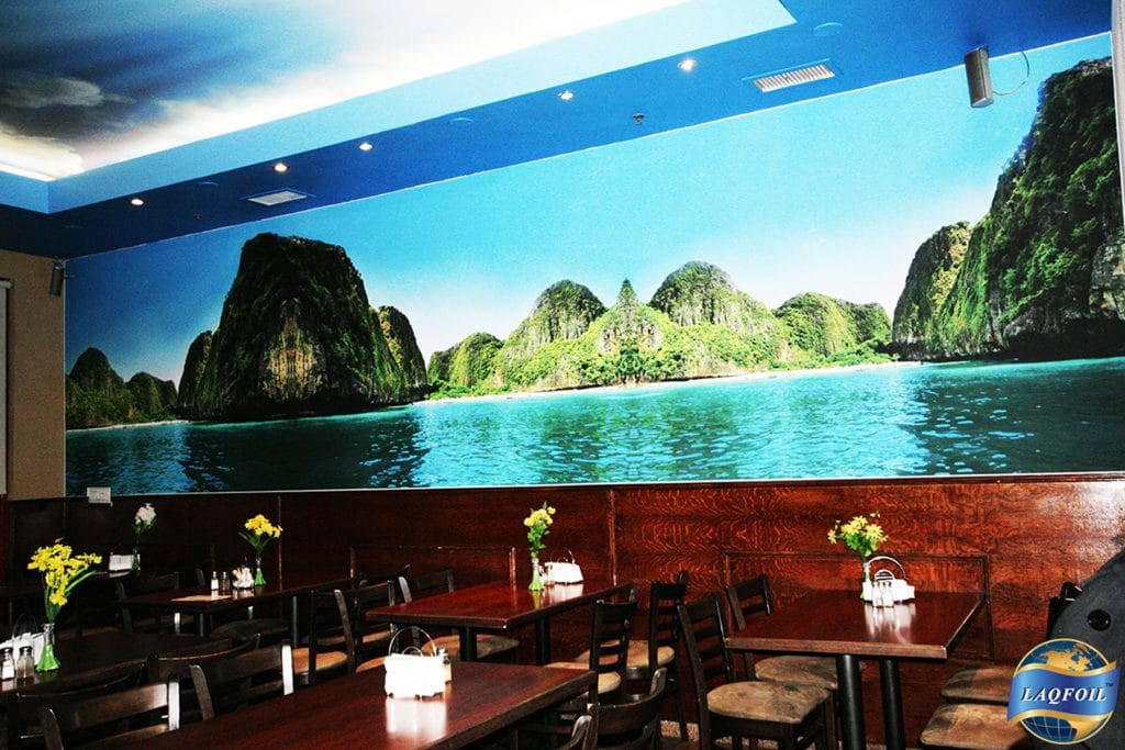 luxury restaurant with custom wall cover and high gloss printed ceiling