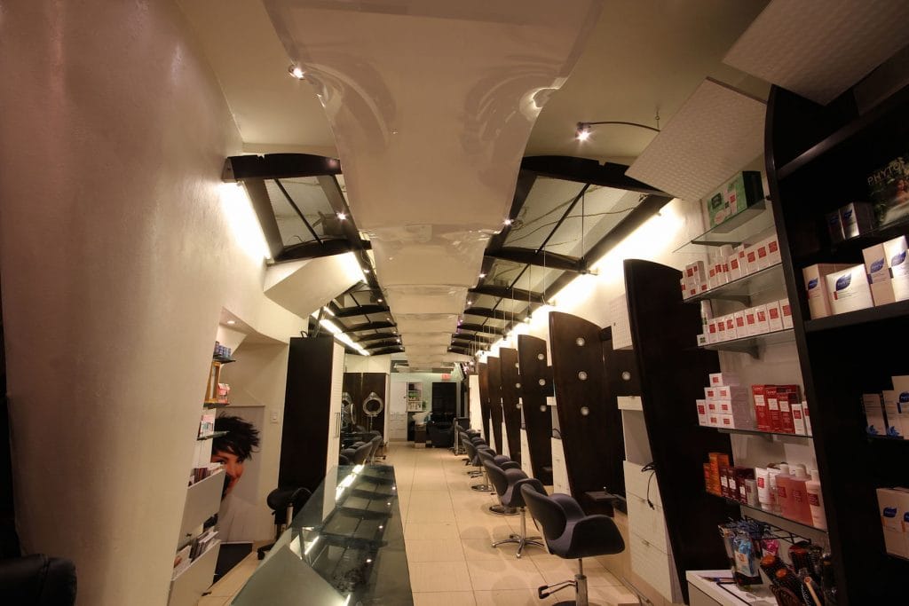 luxury afif hair salon with Modular Structures ceiling made from stretch fabric