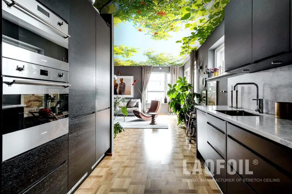 amazing reflective printed ceiling in custom kitchen