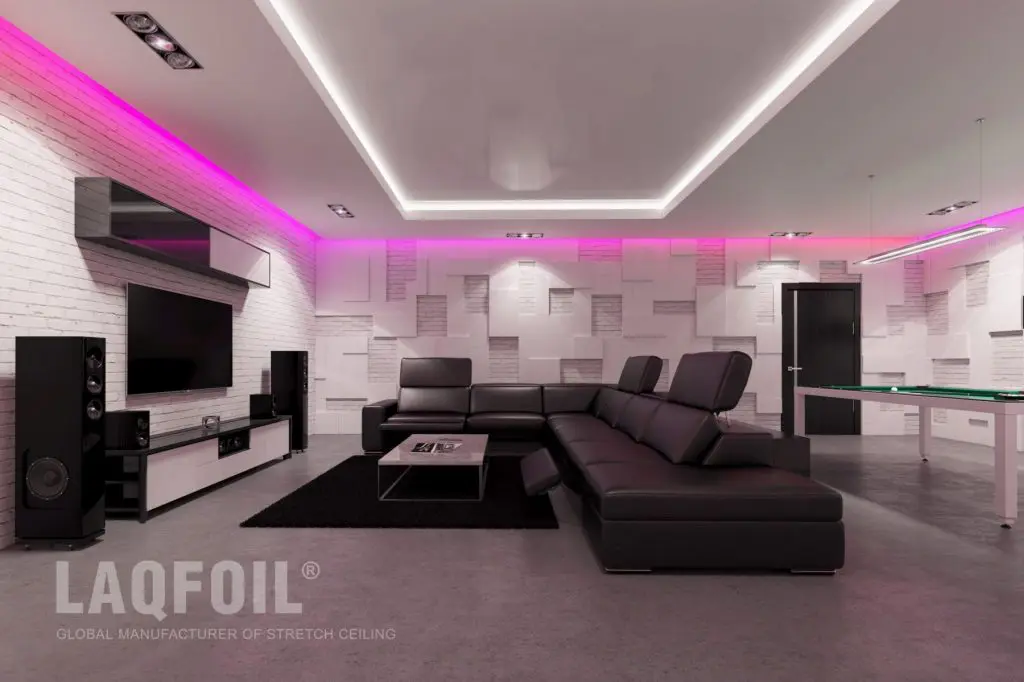 Basement Family Room with Backlit Matte Stretch Ceiling