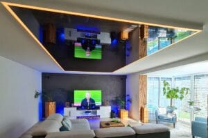hig-gloss ceiling in the entertainment room