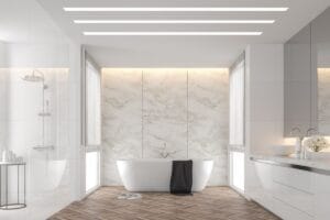 stretch ceiling vs drywall - renovated bathroom ceilings with led track lights